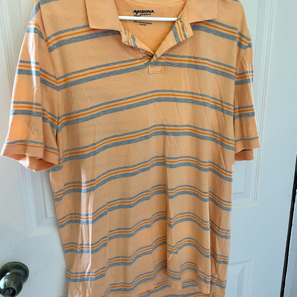 Arizona Jean Company Men's Peach and Gray Striped Polo Shirt